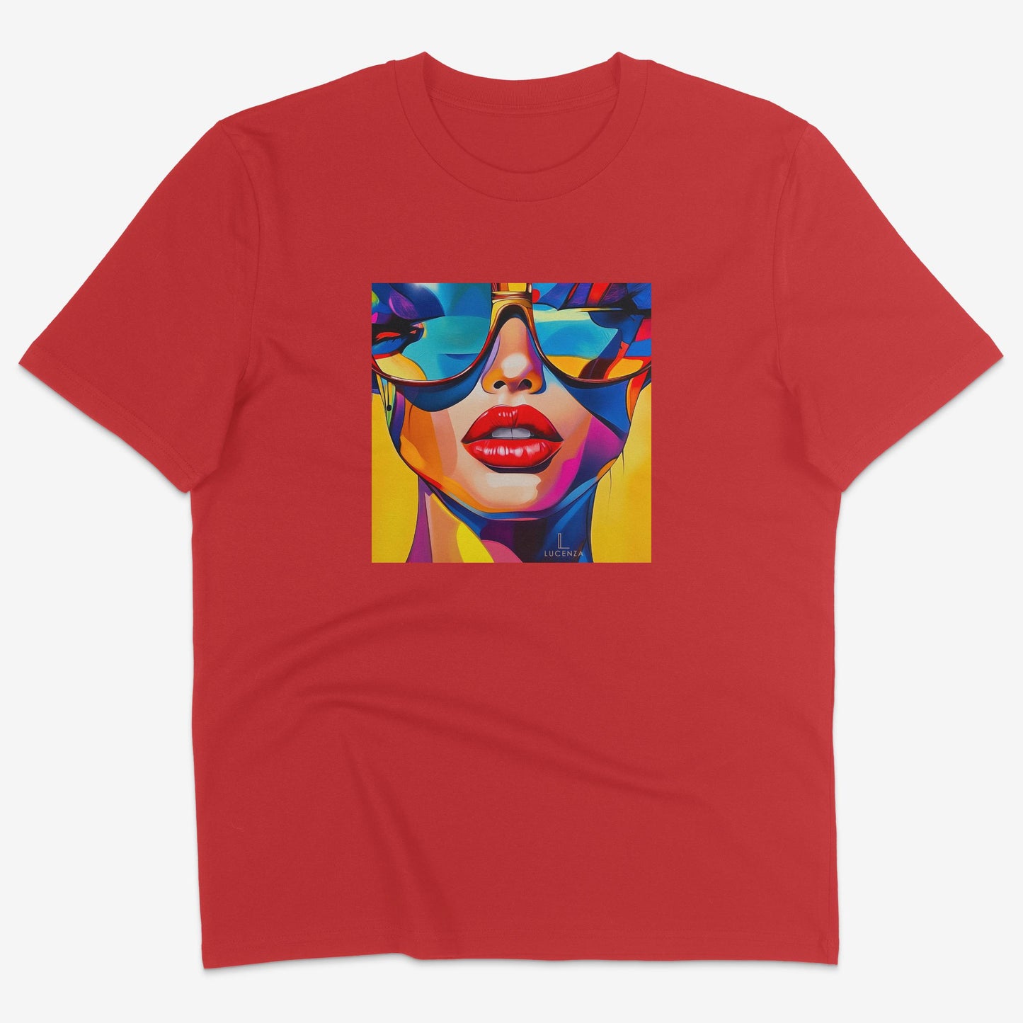 Flatlay of Lucenza Spark 5.0 t-shirt in red—bold iconic graphics