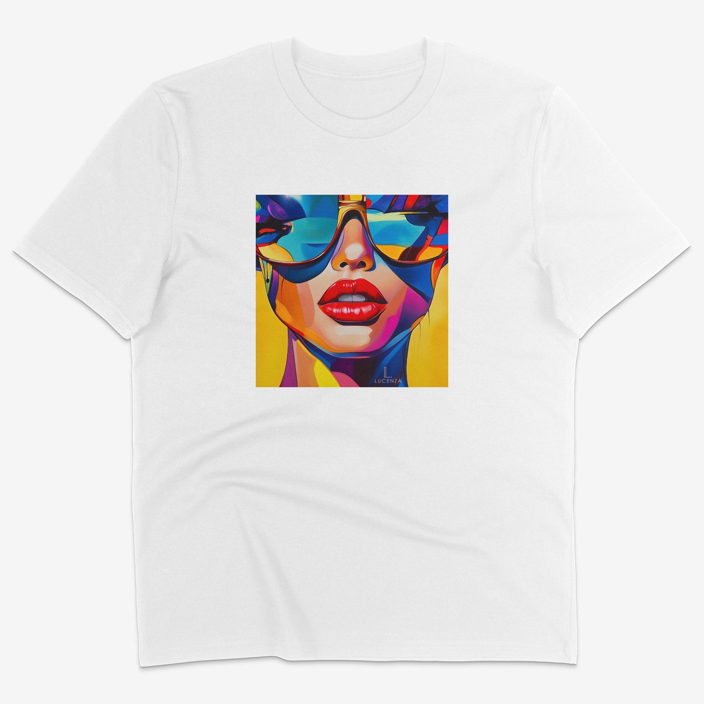 Flatlay of Lucenza Spark 5.0 t-shirt in white—bold iconic graphics