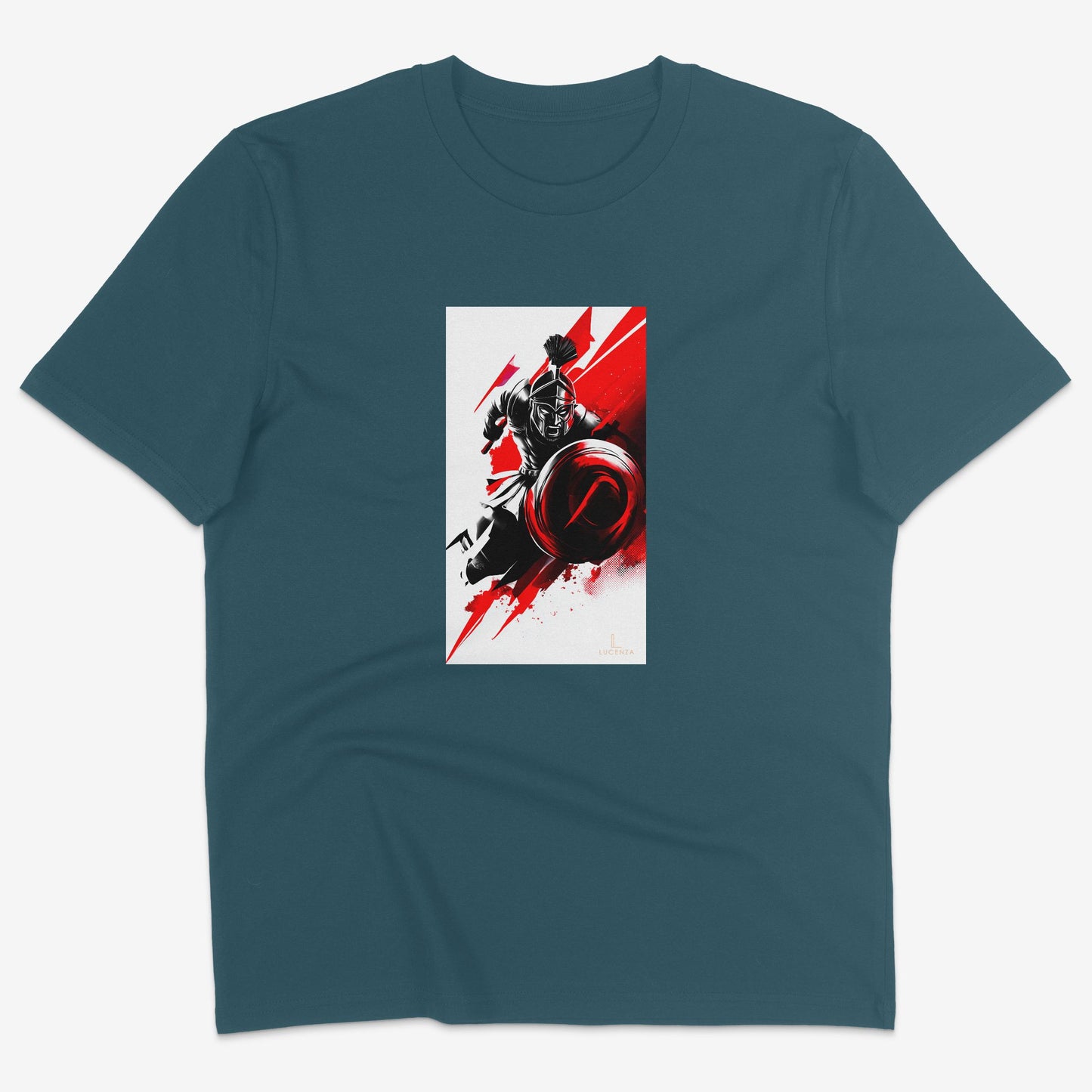 Flatlay of Lucenza Spartan t-shirt in teal-with artistic design