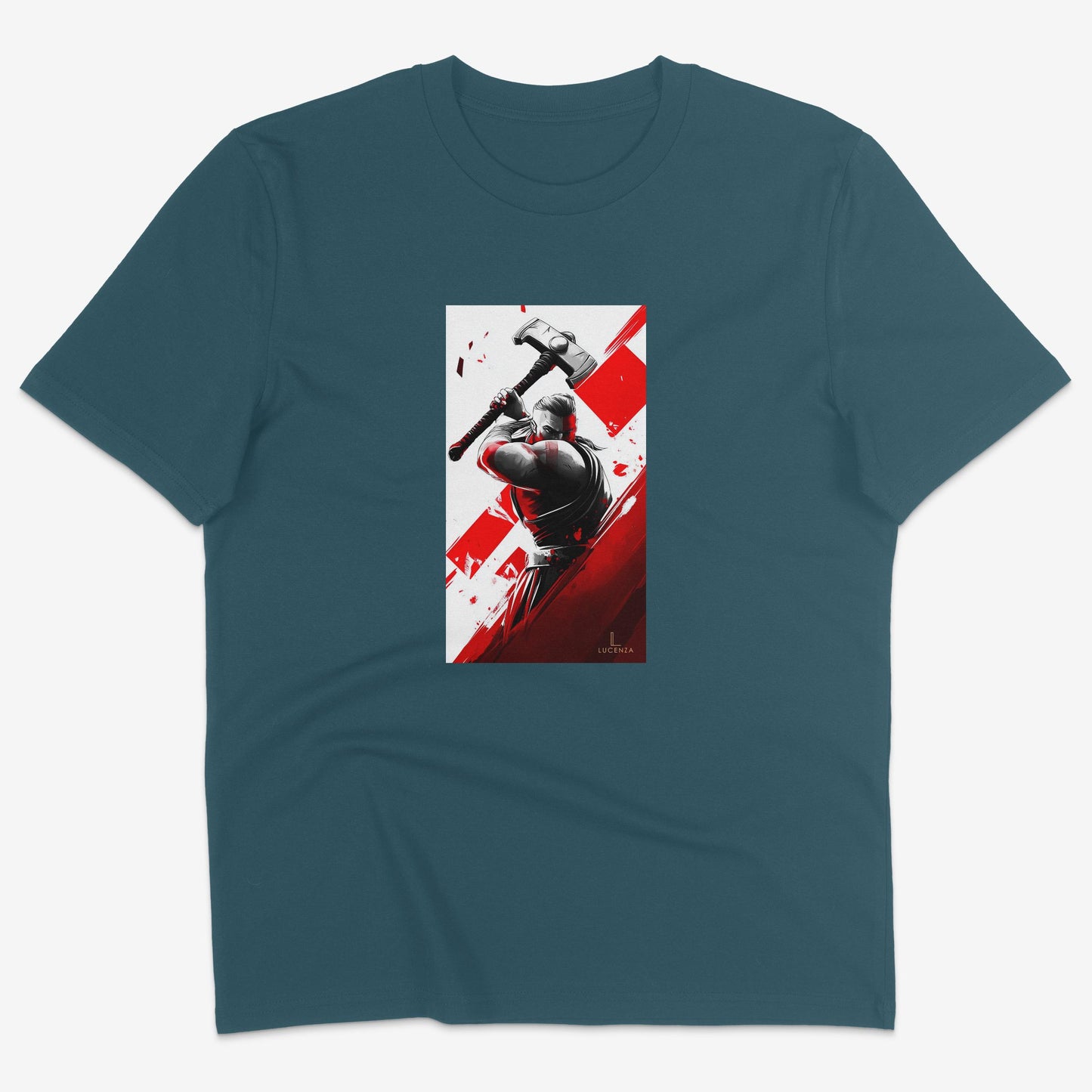 Flatlay of Lucenza Viking t-shirt in teal-with artistic design