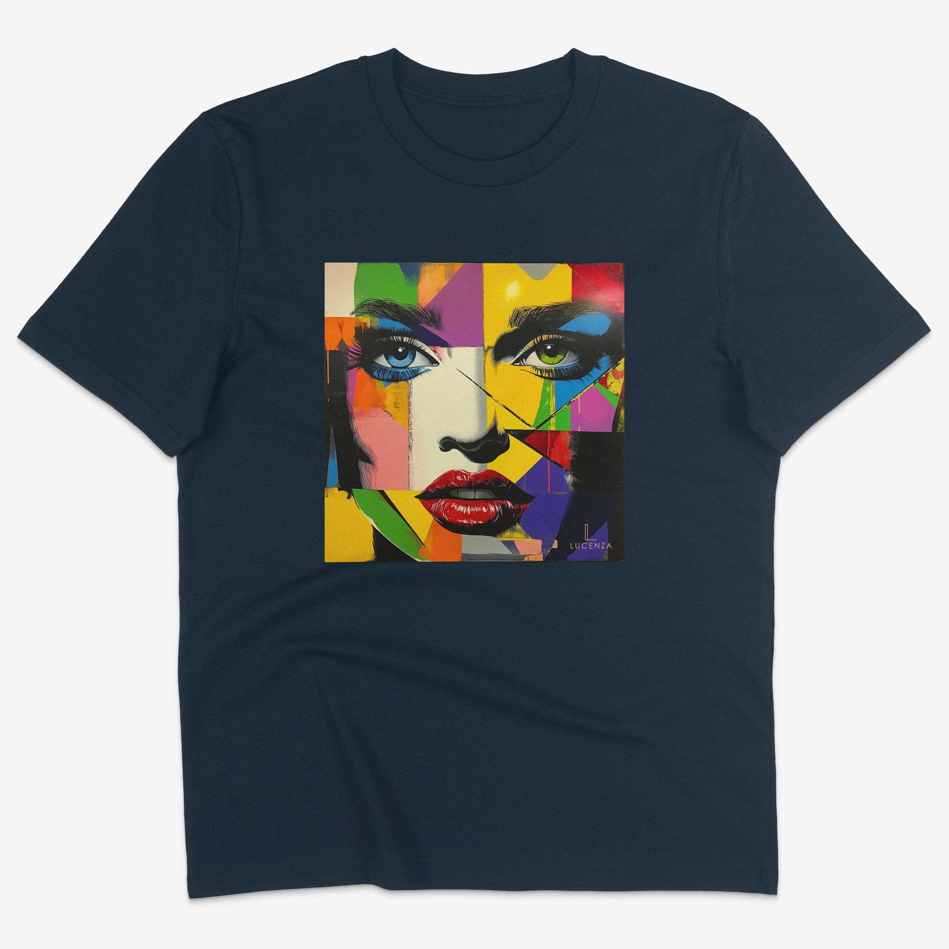 Flatlay of Lucenza Vivid 1.0 t-shirt in navy-with artistic design