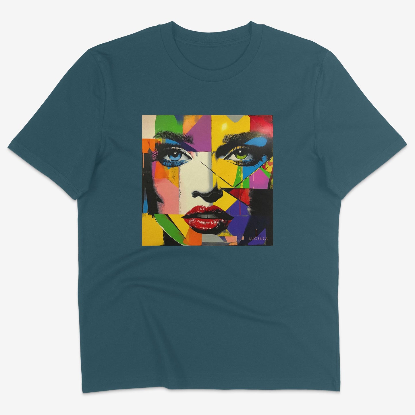 Flatlay of Lucenza Vivid 1.0 t-shirt in teal-with artistic design