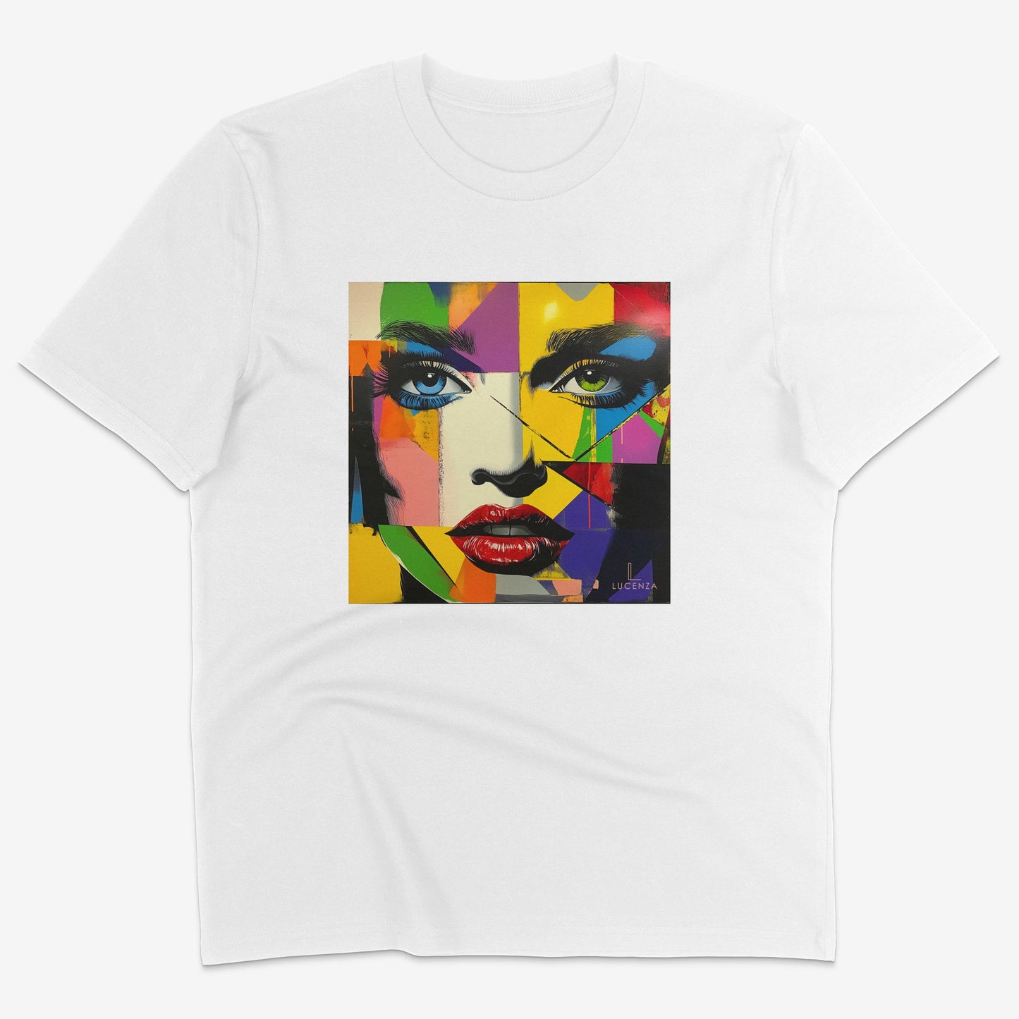 Flatlay of Lucenza Vivid 1.0 t-shirt in white-with artistic design