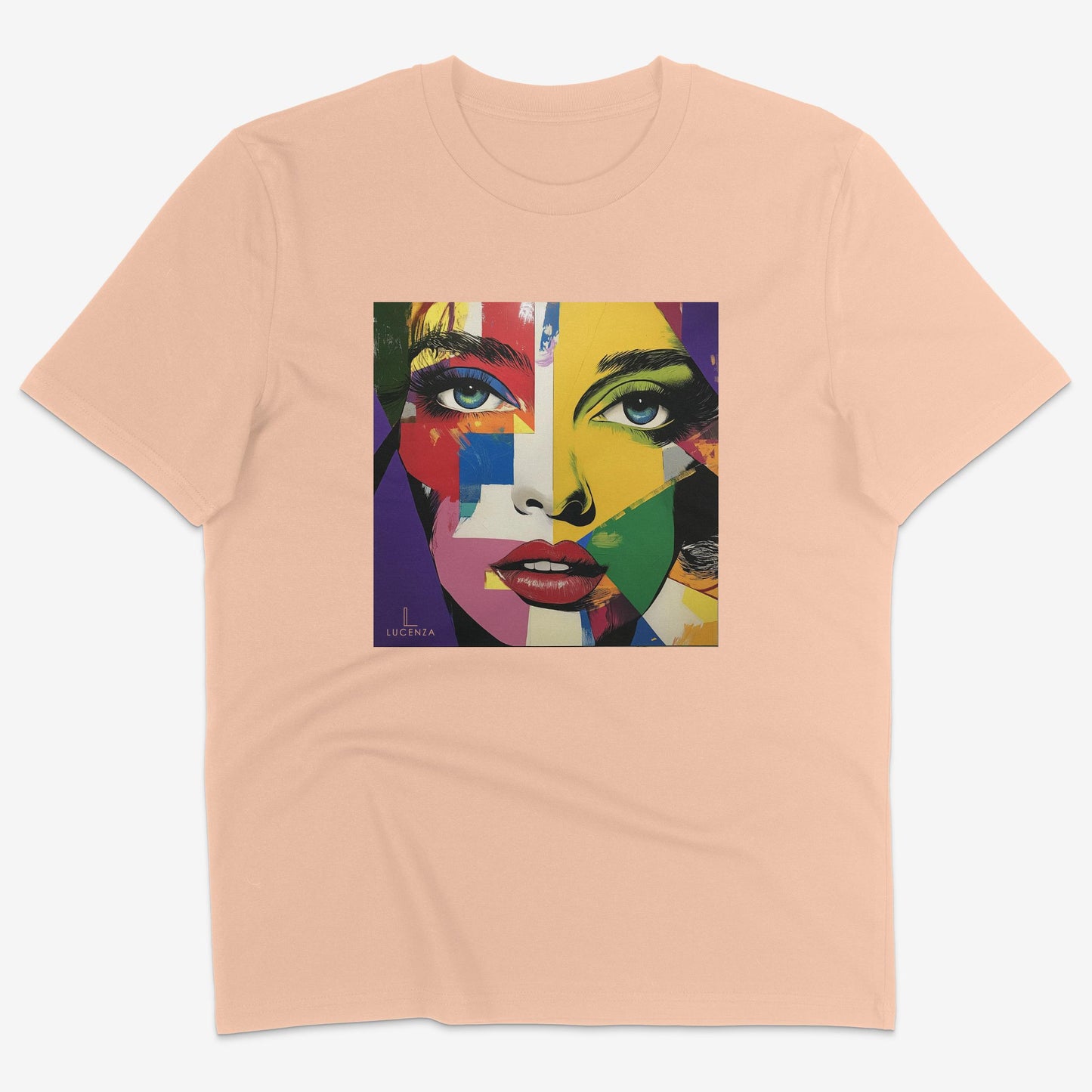 Flatlay of Lucenza Vivid 2.0 t-shirt in fraiche-peche-with artistic design