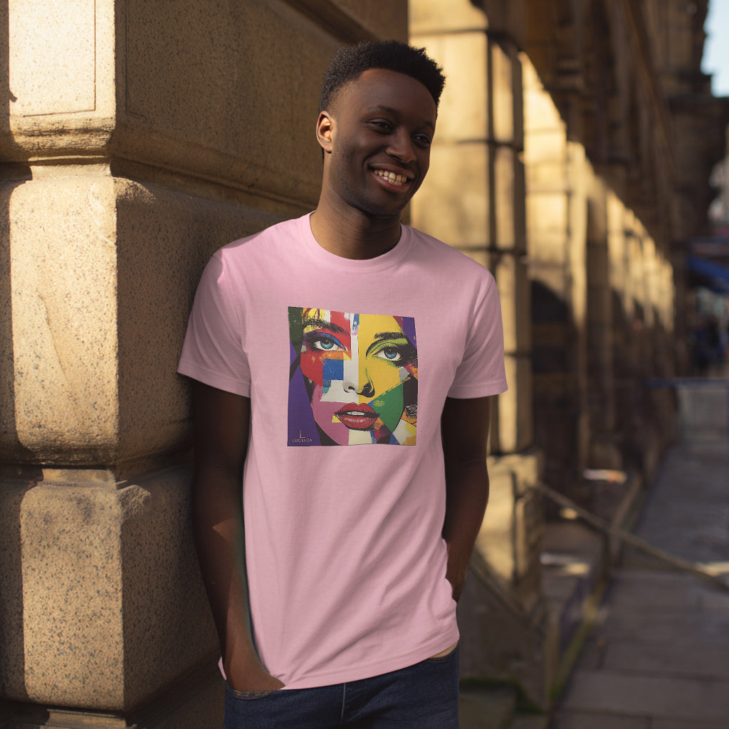 Man wearing a pink lucenza t-shirt with a colorful graphic design, standing against a stone wall.