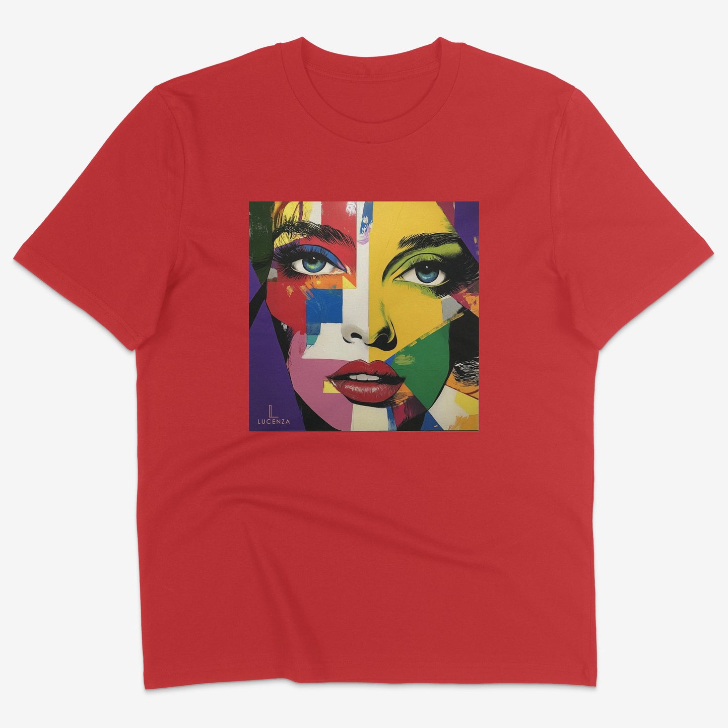 Flatlay of Lucenza Vivid 2.0 t-shirt in red-with artistic design