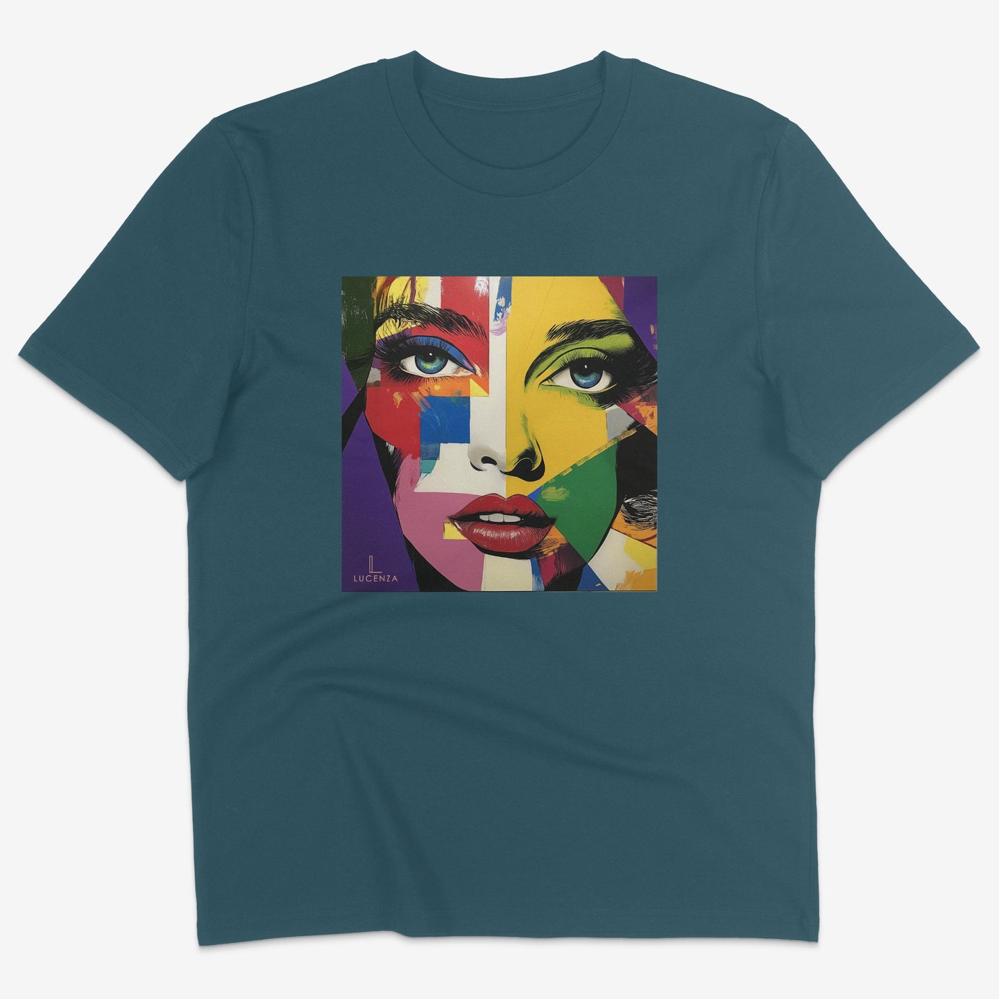 Flatlay of Lucenza Vivid 2.0 t-shirt in teal-with artistic design
