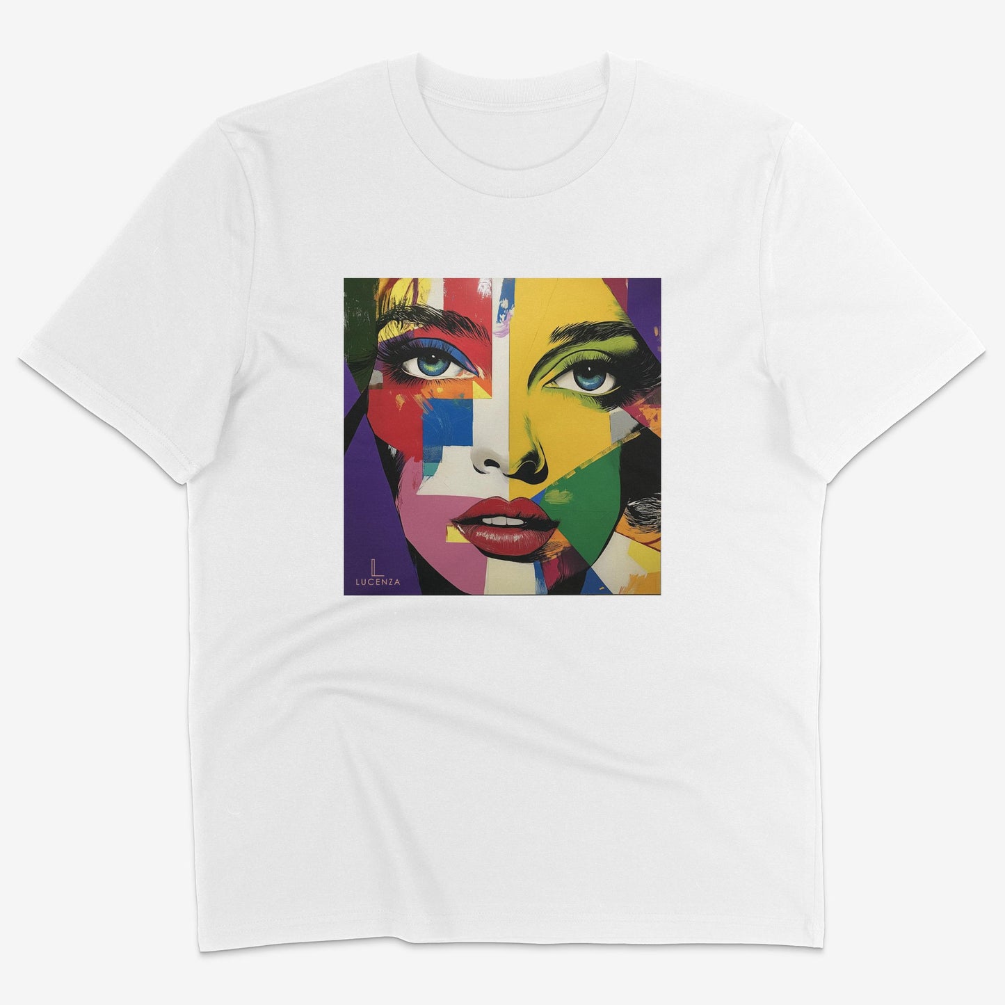 Flatlay of Lucenza Vivid 2.0 t-shirt in white-with artistic design