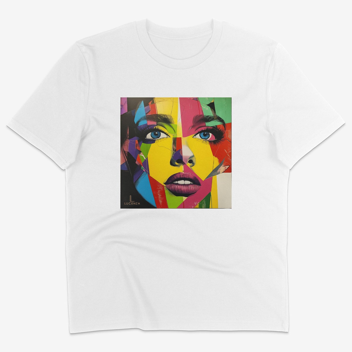 Flatlay of Lucenza Vivid 3.0 t-shirt in white-with artistic design