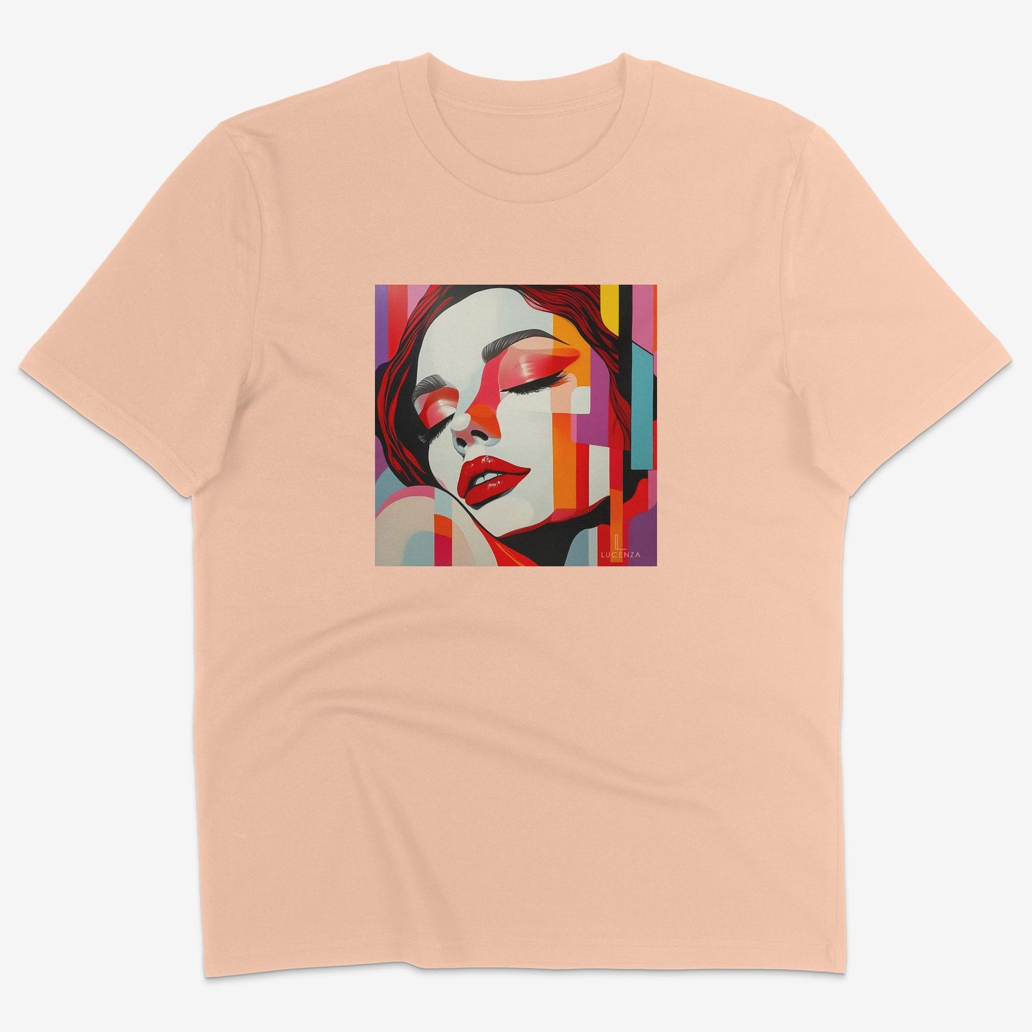 Flatlay of Lucenza Vivid 4.0 t-shirt in fraiche-peche-with artistic design