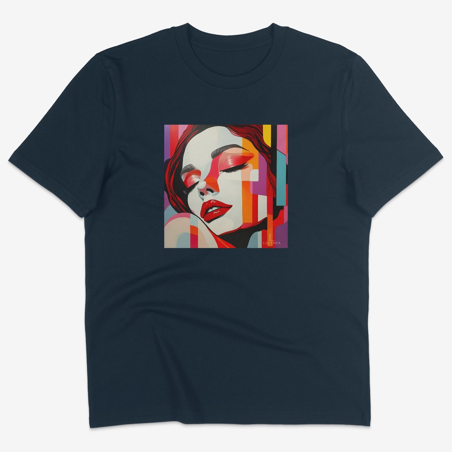 Flatlay of Lucenza Vivid 4.0 t-shirt in navy-with artistic design