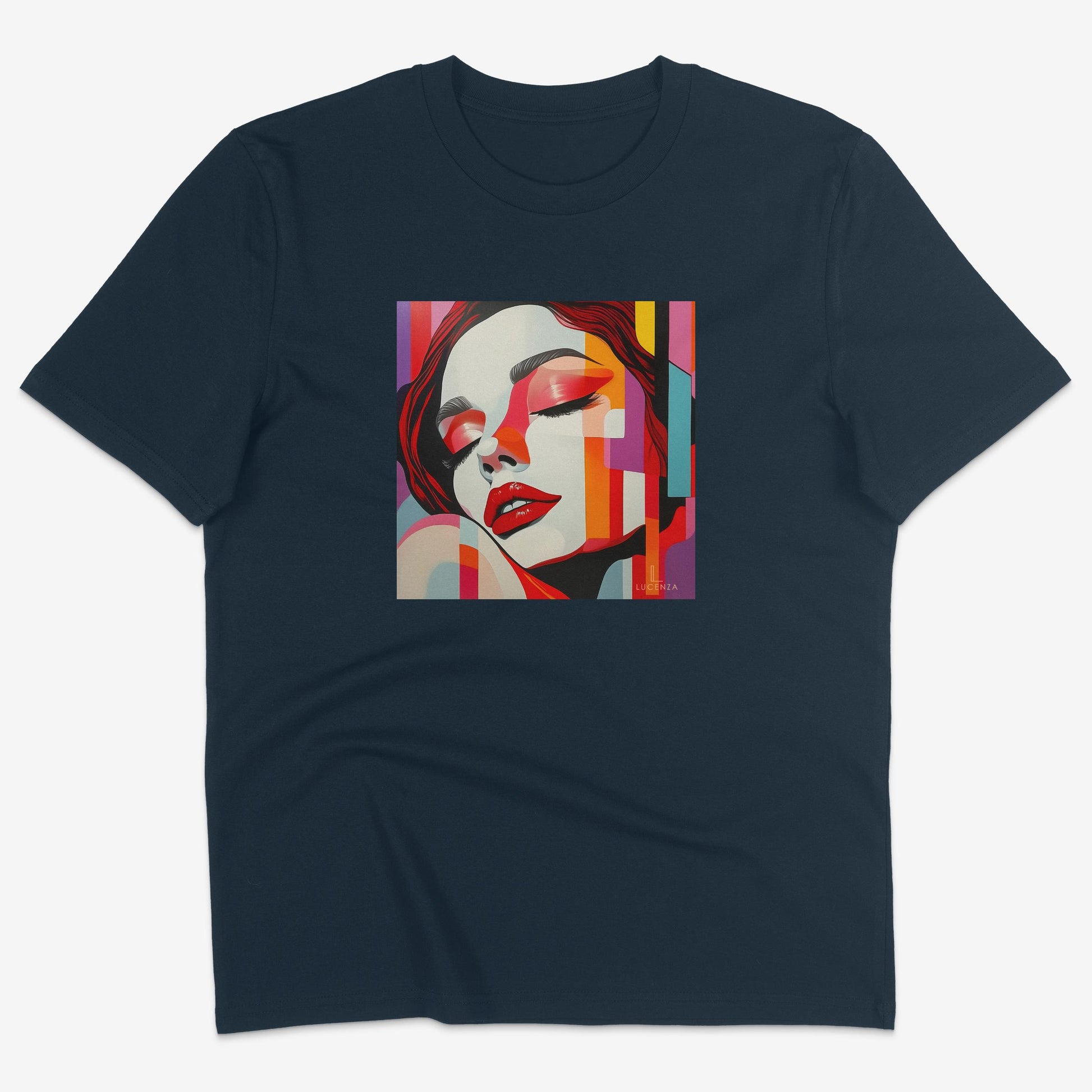 Flatlay of Lucenza Vivid 4.0 t-shirt in navy-with artistic design