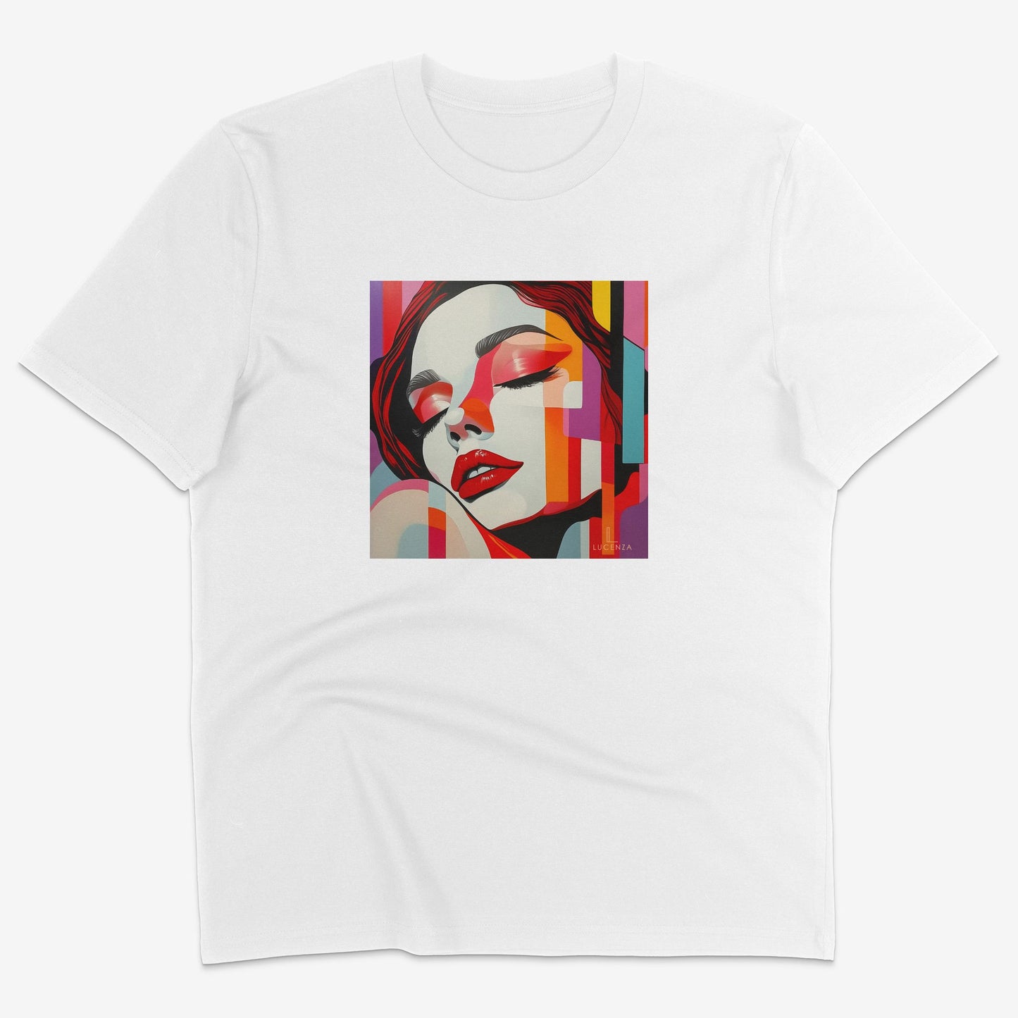 Flatlay of Lucenza Vivid 4.0 t-shirt in white-with artistic design