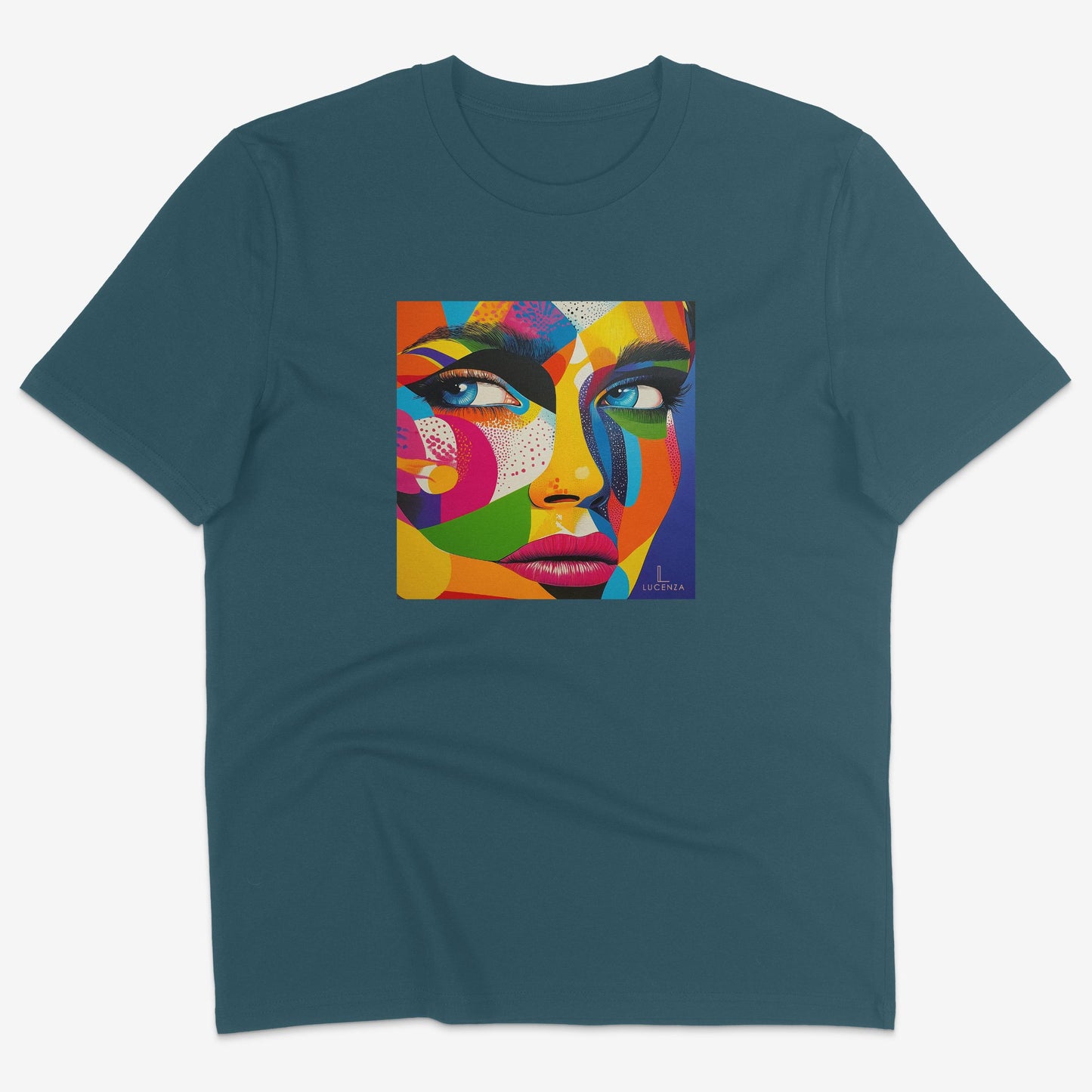 Flatlay of Lucenza Vivid 5.0 t-shirt in teal-with artistic design