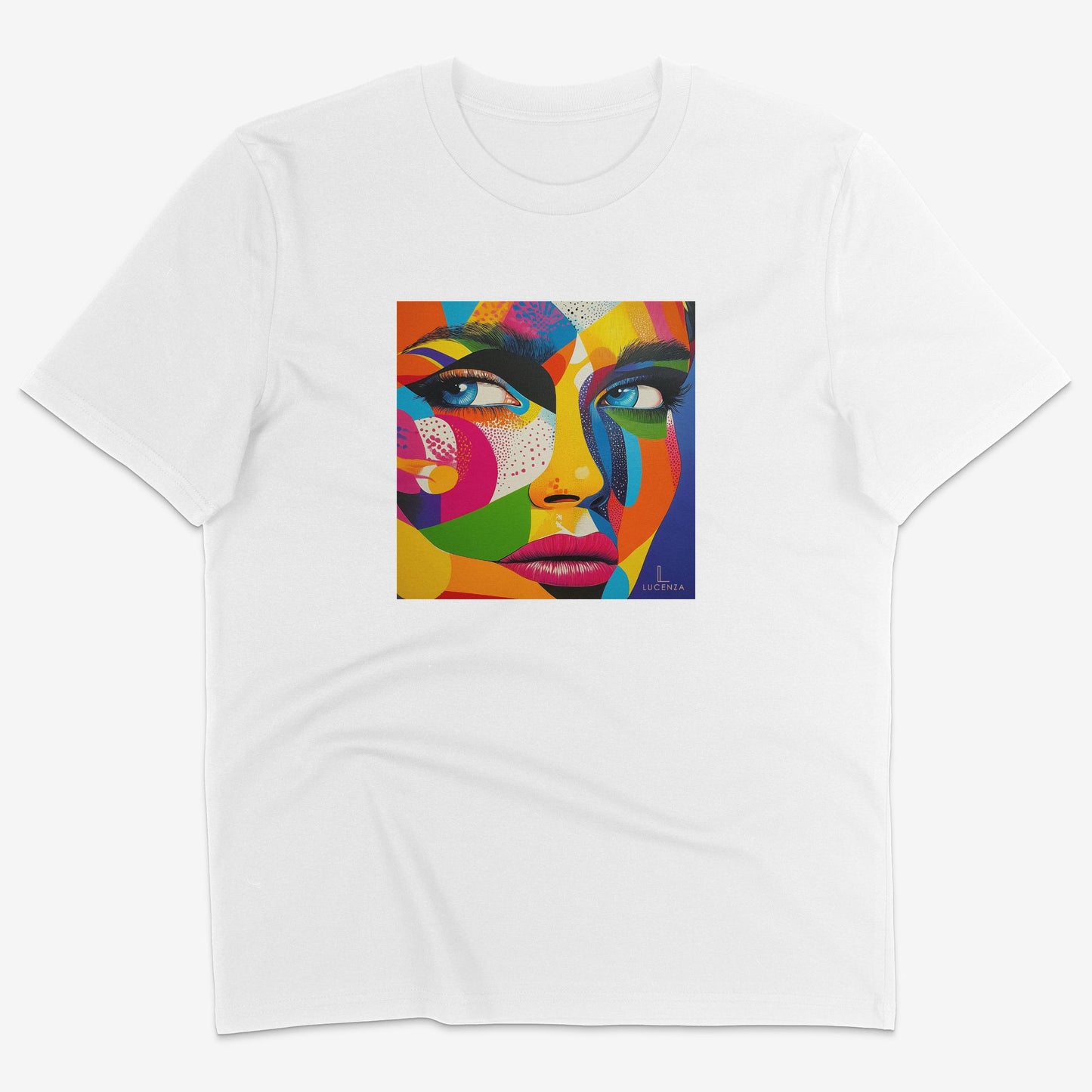 Flatlay of Lucenza Vivid 5.0 t-shirt in white-with artistic design