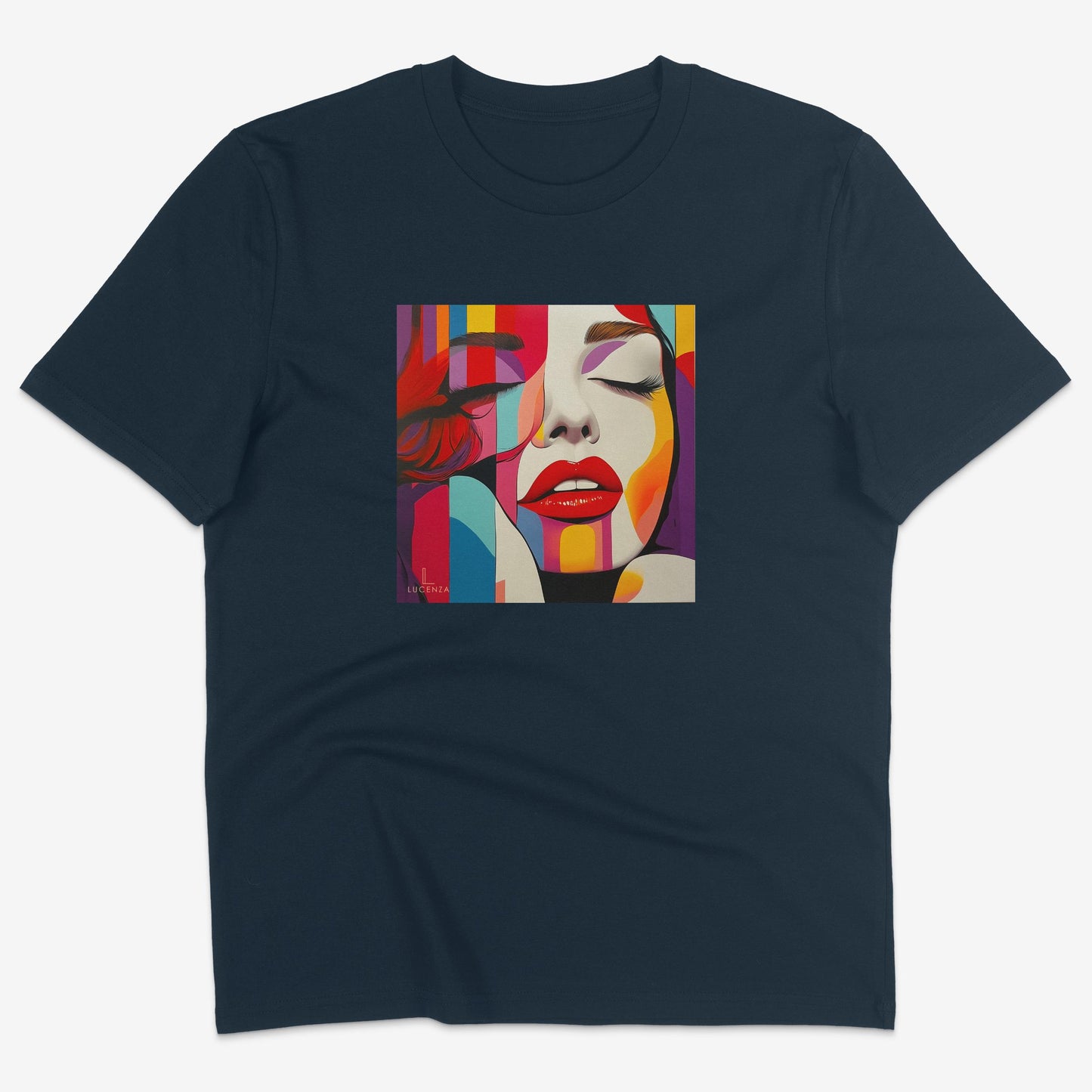 Flatlay of Lucenza Vivid 6.0 t-shirt in navy-with artistic design