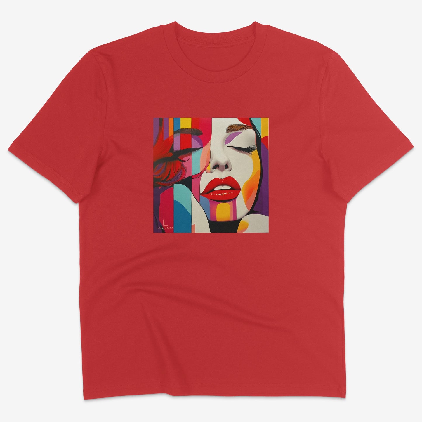 Flatlay of Lucenza Vivid 6.0 t-shirt in red-with artistic design