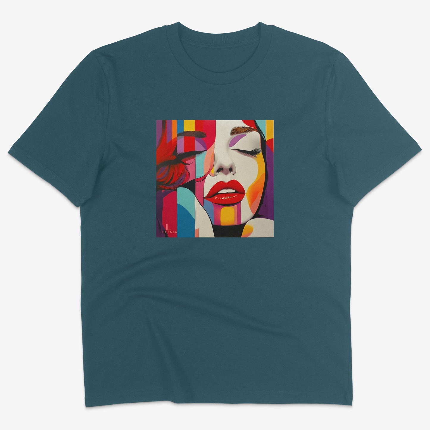 Flatlay of Lucenza Vivid 6.0 t-shirt in teal-with artistic design