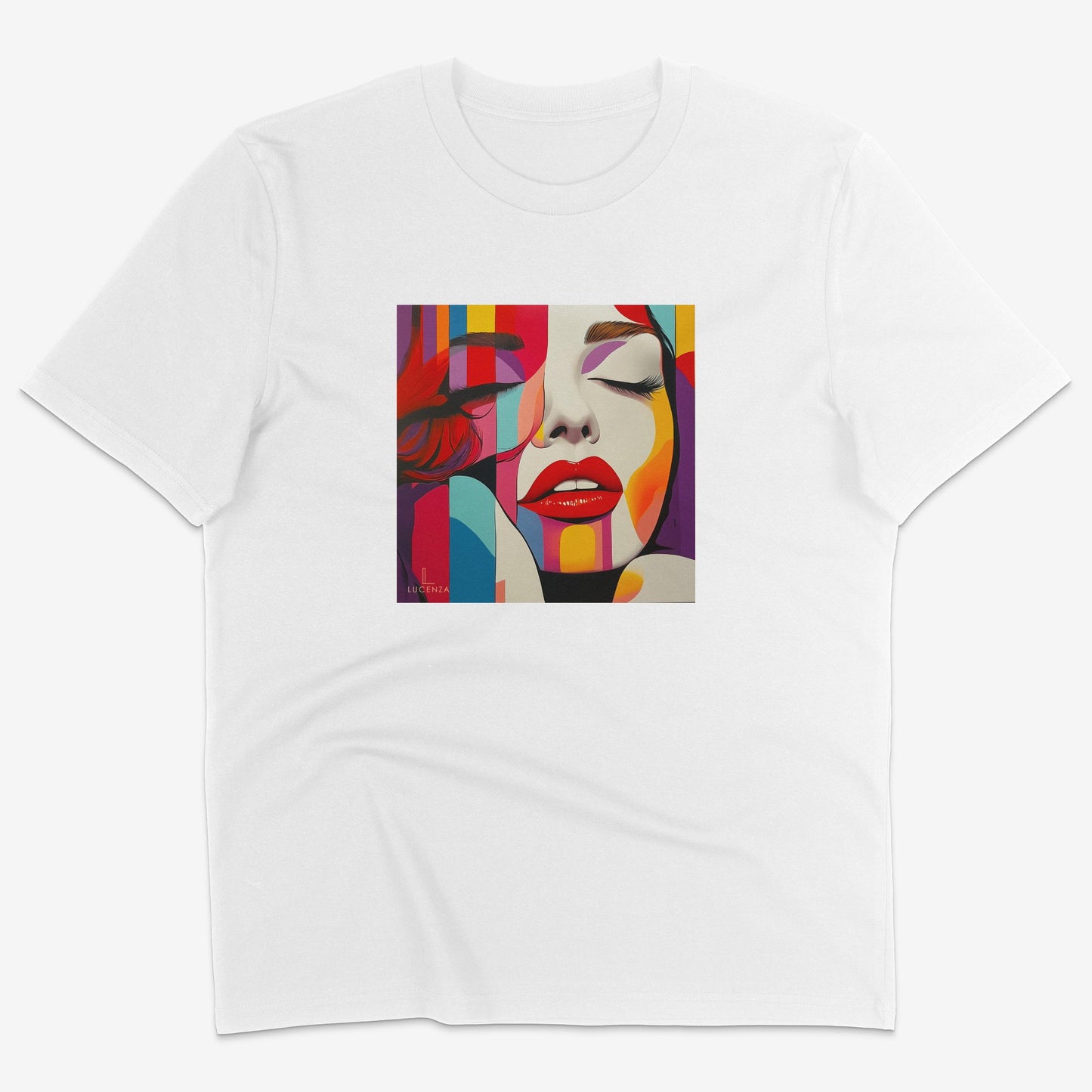 Flatlay of Lucenza Vivid 6.0 t-shirt in white-with artistic design