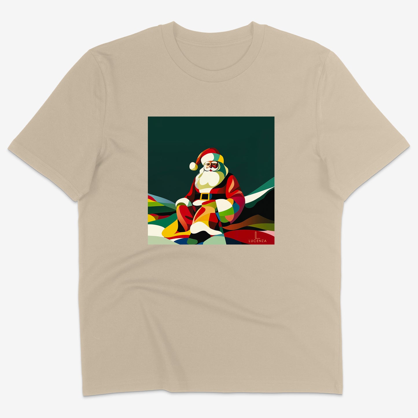 Beige t-shirt with a colourful Santa Claus graphic 