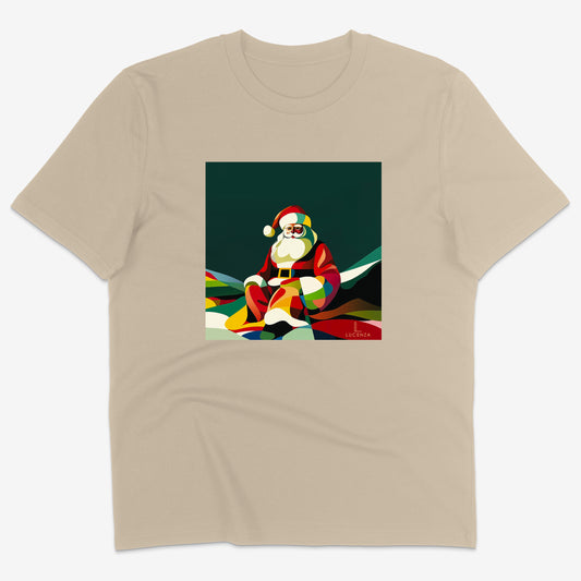 Beige t-shirt with a colourful Santa Claus graphic 