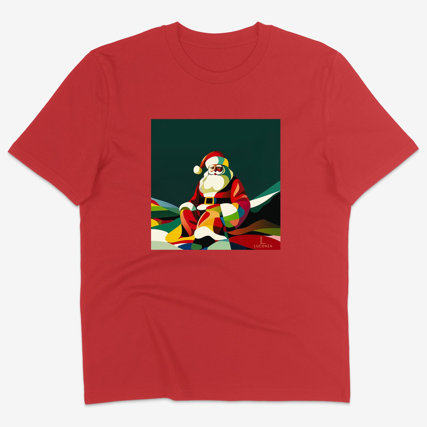 Red t-shirt with a colourful Santa Claus graphic 