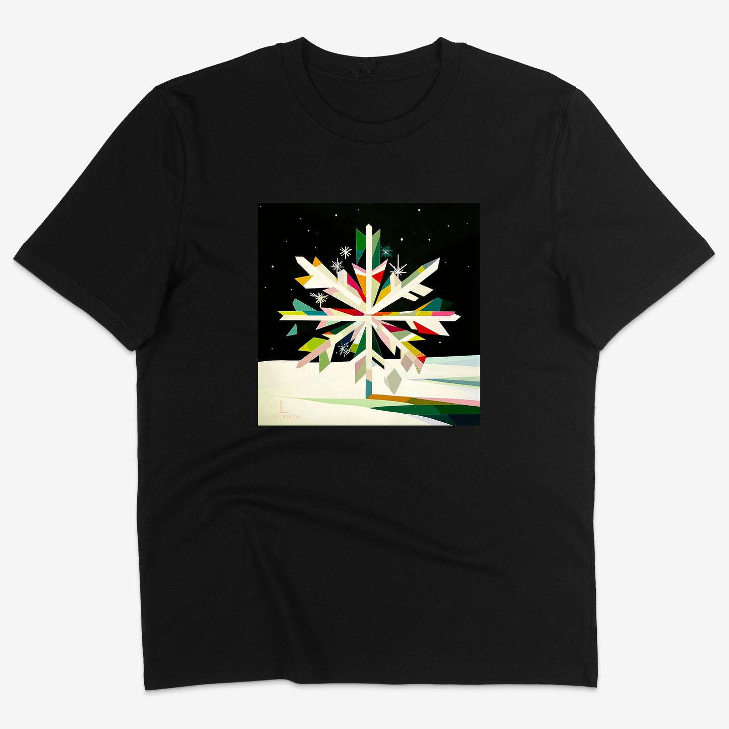 Black t-shirt with a colourful abstract snowflake design 