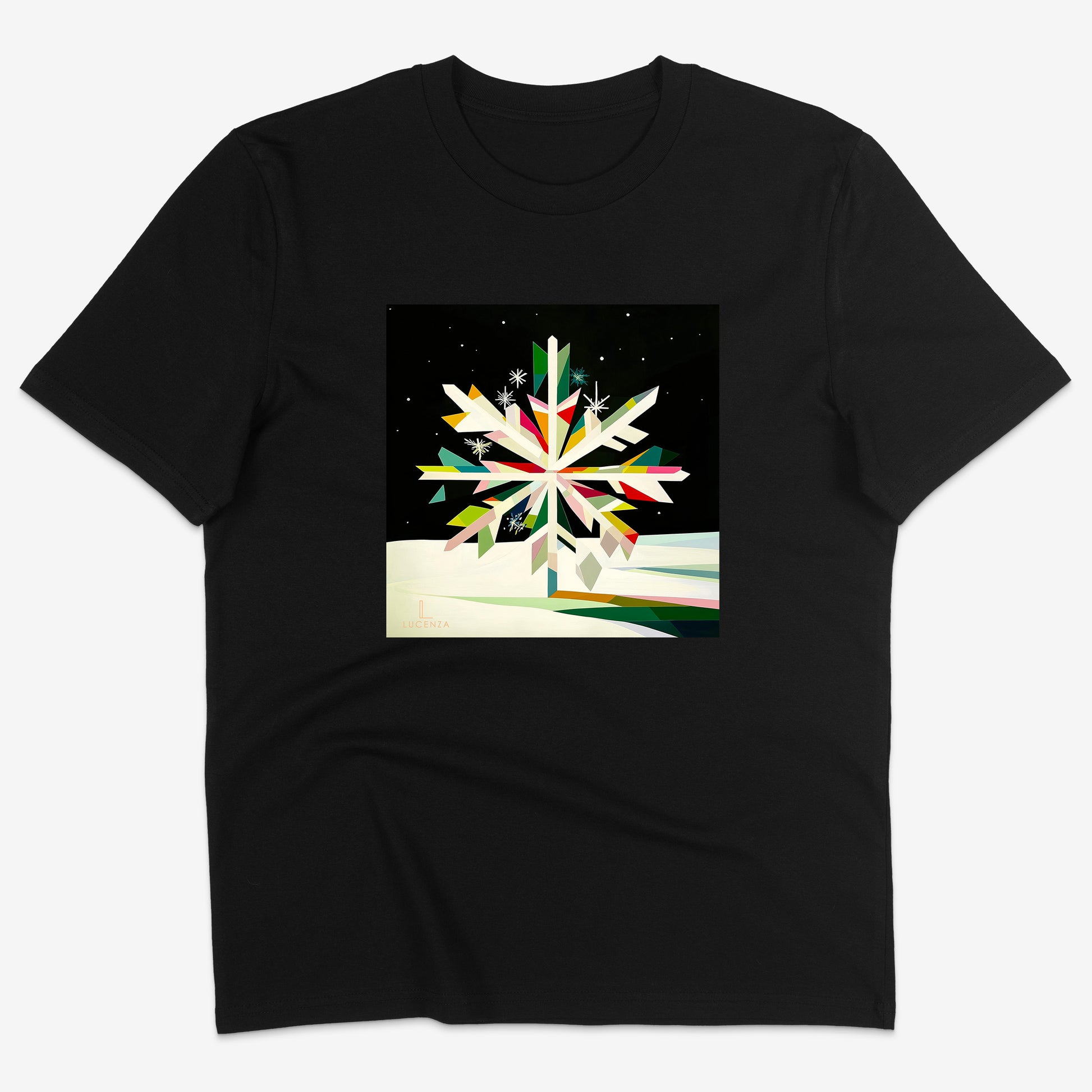 Black t-shirt with a colourful abstract snowflake design 