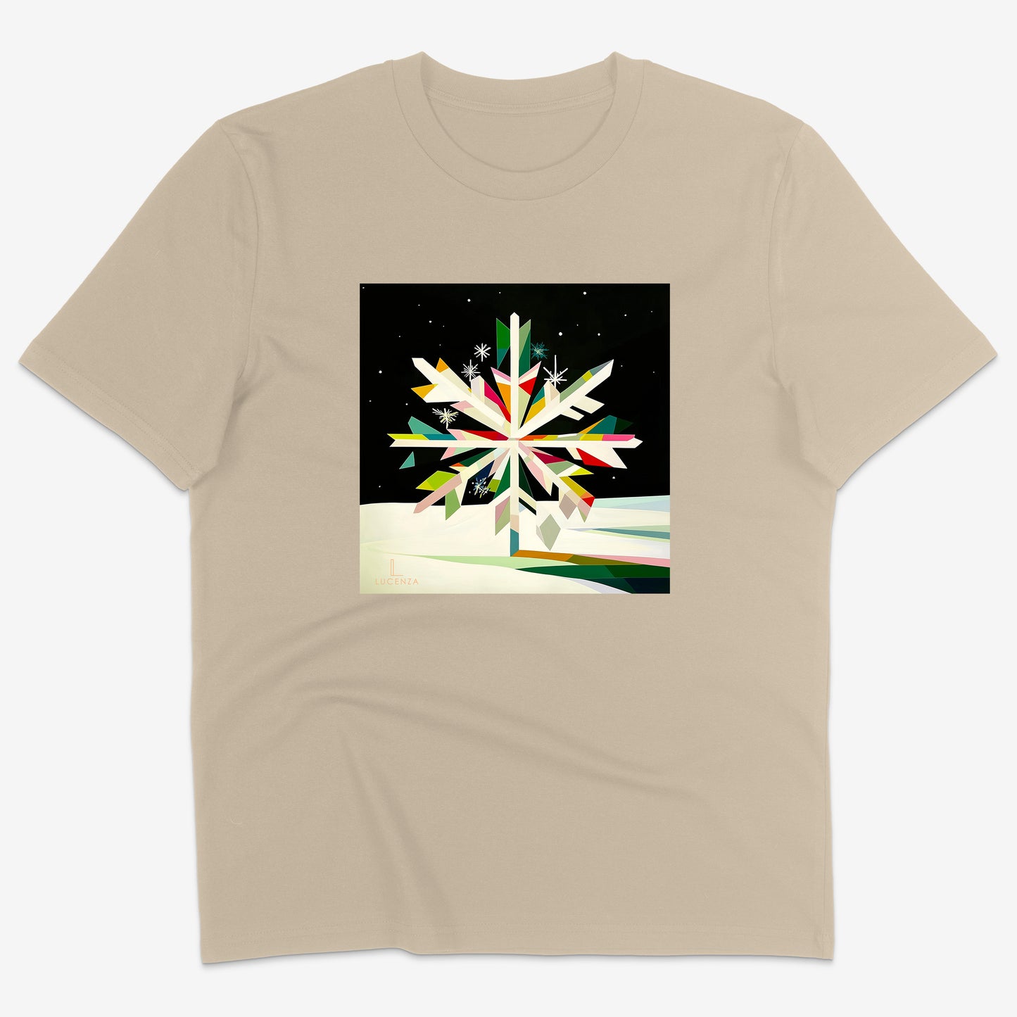 Beige t-shirt with a colourful abstract  snowflake design