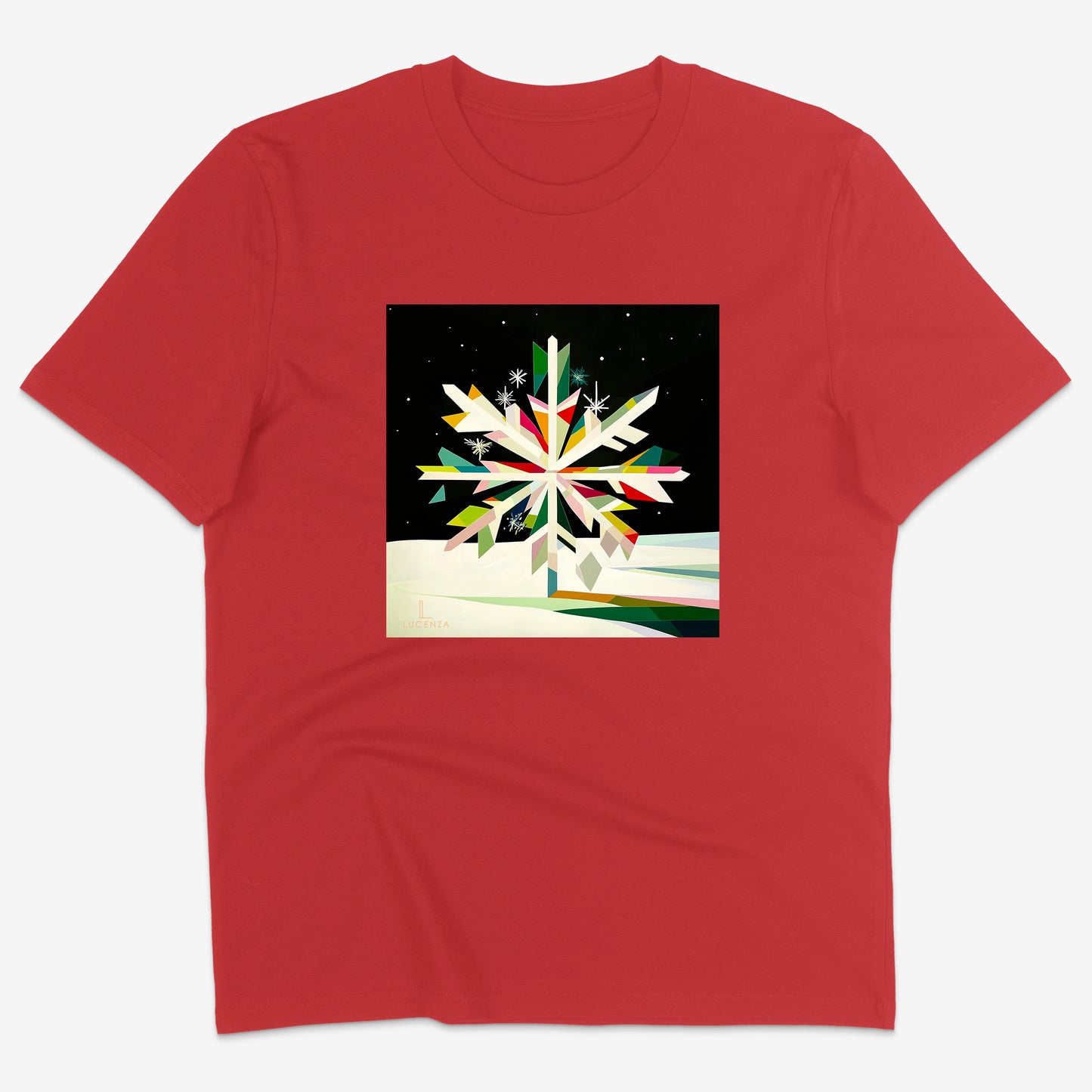 Red t-shirt with a colourful abstract  snowflake design 