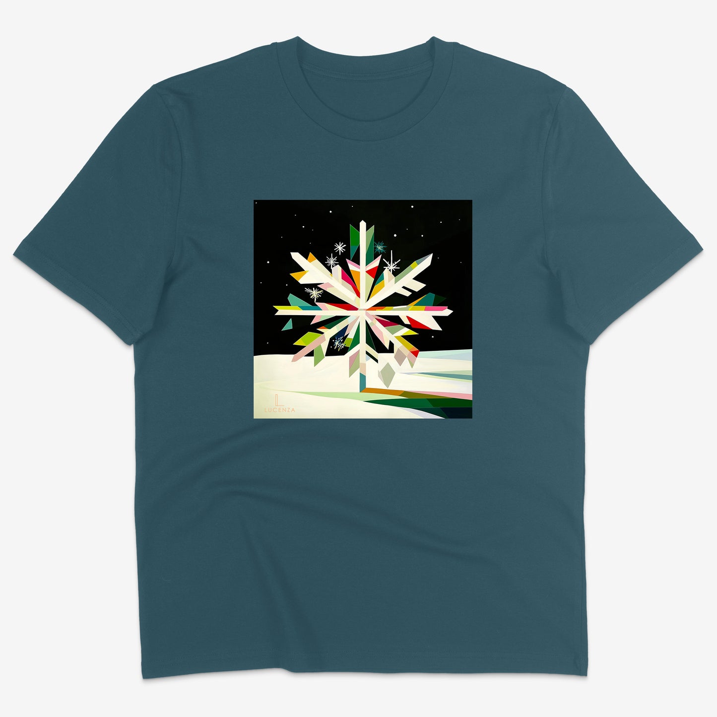 Teal t-shirt with a colourful abstract  snowflake design