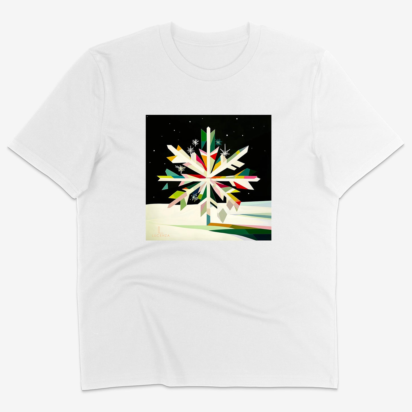 White t-shirt with a colourful abstract  snowflake design