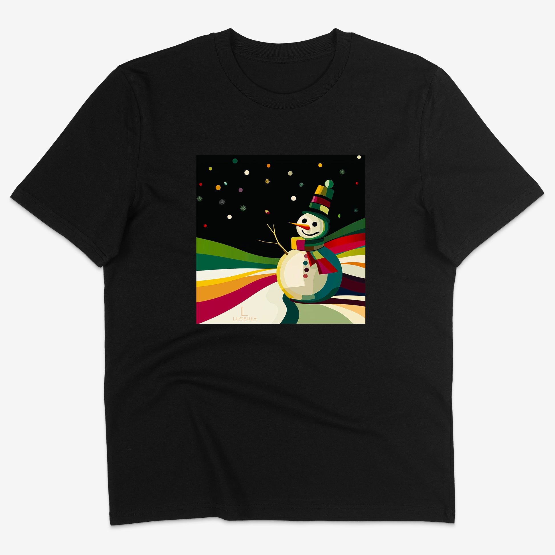 Black t-shirt with a colourful snowman design
