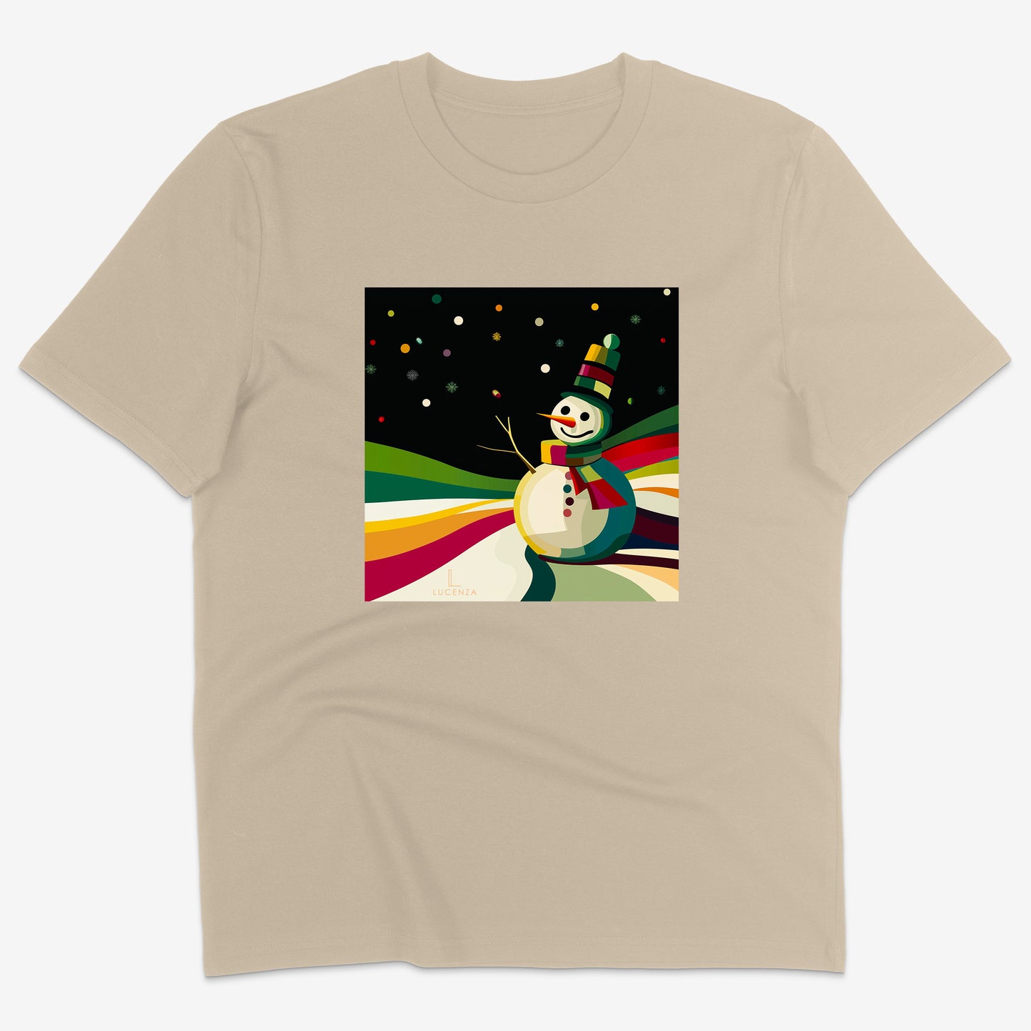Beige t-shirt with a colourful snowman design