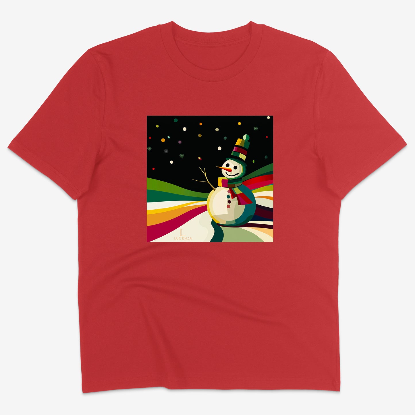 Red t-shirt with a colourful snowman design
