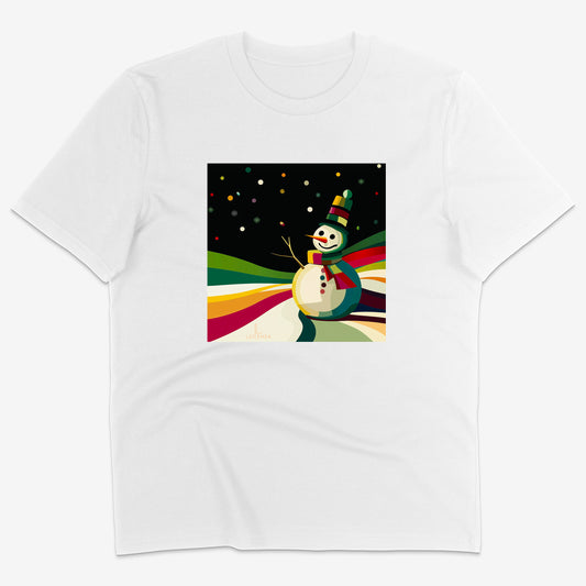 White t-shirt with a colourful snowman design