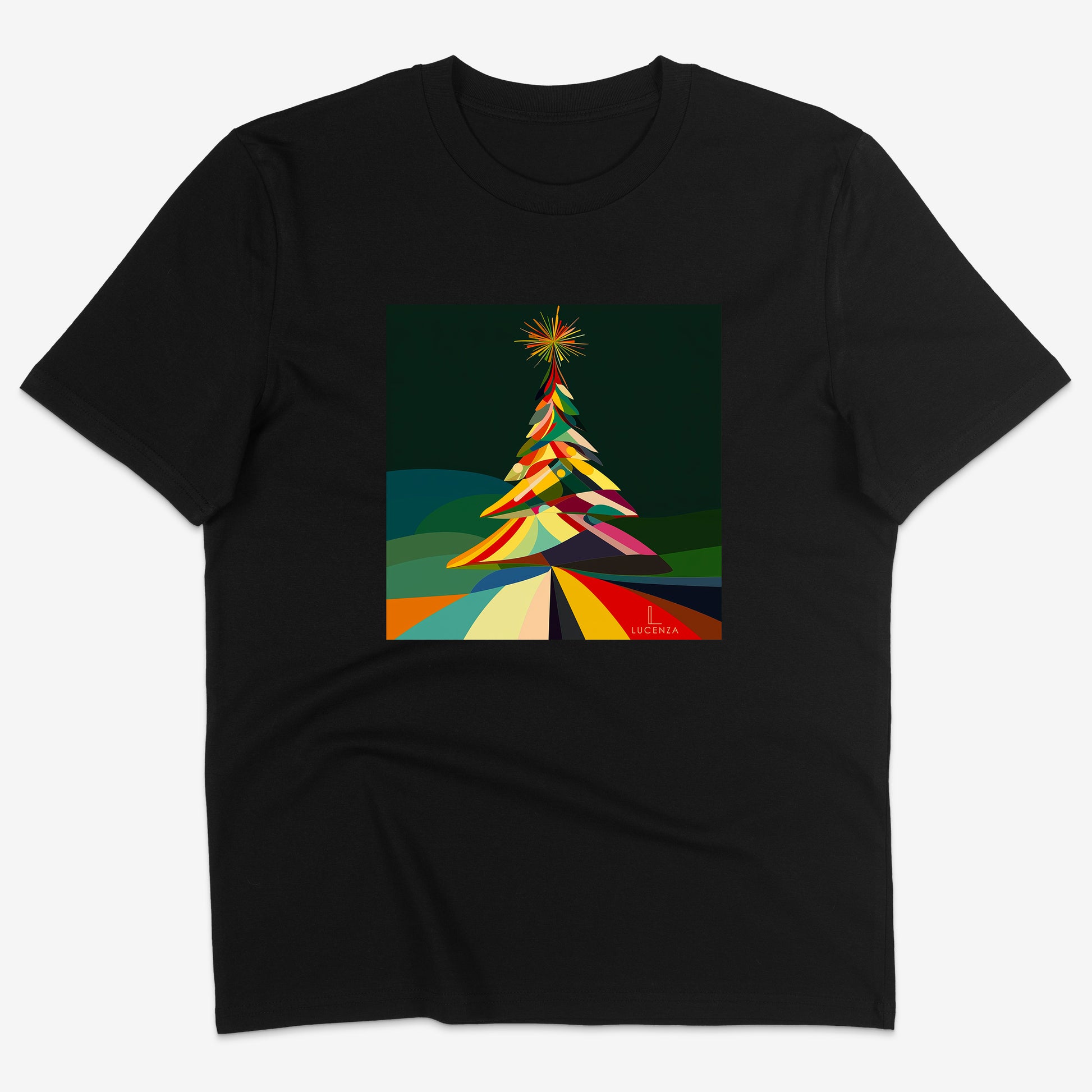 Black t-shirt with a colourful geometric Christmas tree design