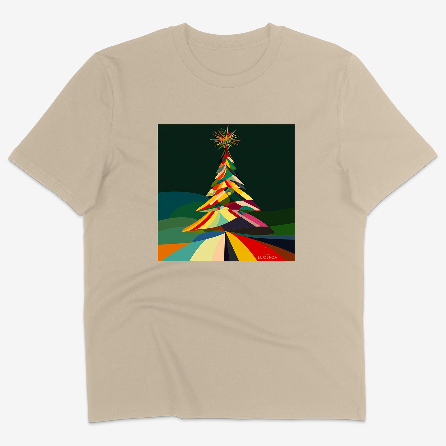 Beige t-shirt with a colourful abstract Christmas tree design