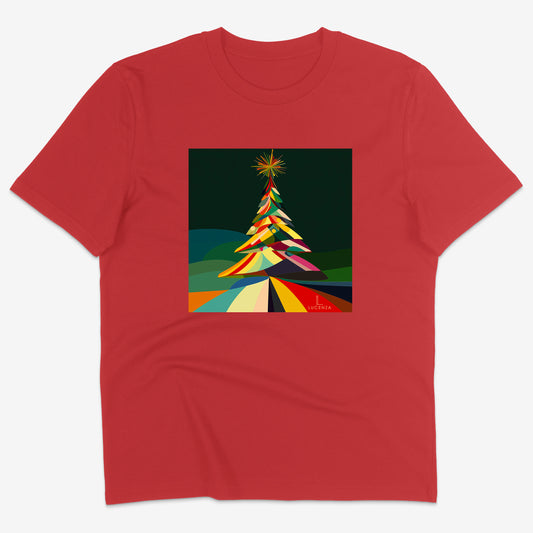 Red t-shirt with a colourful abstract Christmas tree design 