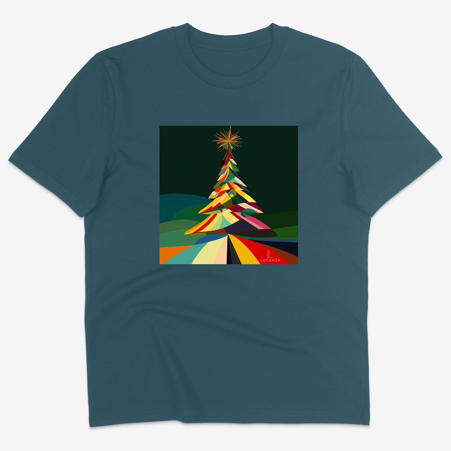 Teal t-shirt with a colourful abstract Christmas tree design
